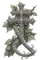 Cross made into a sword wrapped by thorny vine tattoo design idea