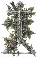 Cross made into a sword wrapped by thorny vine tattoo design idea