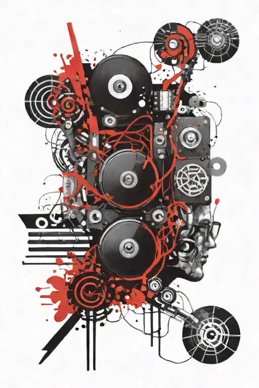 music symbols, hidded speakers, travel symbol, sacred destructured geometry, circuit and brain tattoo design idea