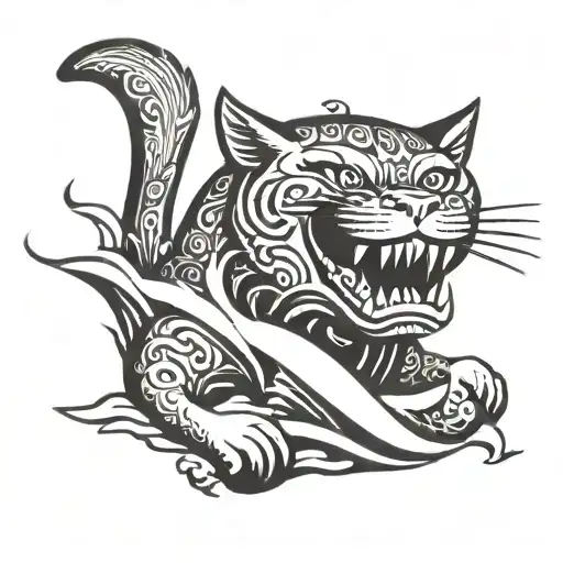 Black and white engraving of a Monmon traditional ink tattoo japanese cat with his mouth open vomiting sea waves tattoo design idea