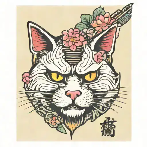 Japanese samurai cat tattoo cat vintage poster wall art stick with Hannya mask and sakura blossom tattoo design idea