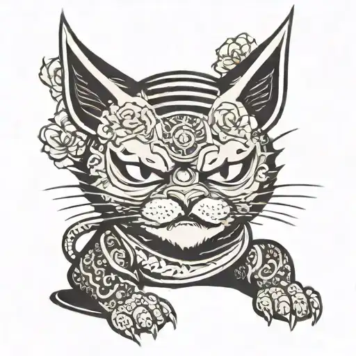 Japanese samurai cat tattoo cat vintage poster wall art stick with Hannya mask and sakura blossom tattoo design idea