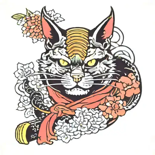Japanese samurai cat tattoo cat vintage poster wall art stick with Hannya mask and sakura blossom tattoo design idea