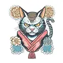 Japanese samurai cat tattoo cat vintage poster wall art stick with Hannya mask and sakura blossom tattoo design idea