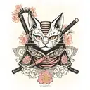 Japanese samurai cat tattoo cat vintage poster wall art stick with Hannya mask and sakura blossom tattoo design idea