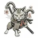 Japanese samurai cat tattoo cat vintage poster wall art stick with Hannya mask and sakura blossom tattoo design idea