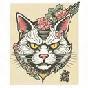 Japanese samurai cat tattoo cat vintage poster wall art stick with Hannya mask and sakura blossom tattoo design idea