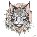 Japanese samurai cat tattoo cat vintage poster wall art stick with Hannya mask and sakura blossom tattoo design idea