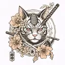 Japanese samurai cat tattoo cat vintage poster wall art stick with Hannya mask and sakura blossom tattoo design idea