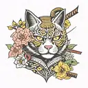 Japanese samurai cat tattoo cat vintage poster wall art stick with Hannya mask and sakura blossom tattoo design idea
