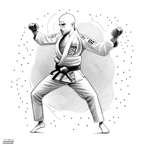 A jiu-jitsu fighter surrounded by floating music notes and lyrics from 'Wish You Were Here' tattoo design idea