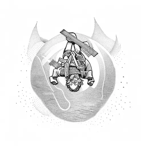 A jiu-jitsu fighter surrounded by floating music notes and lyrics from 'Wish You Were Here' tattoo design idea