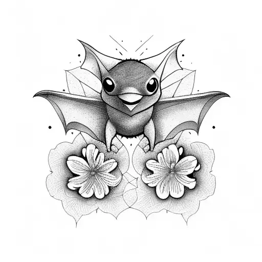 A detailed illustration of a bat flying over a field of Hannia flowers tattoo design idea