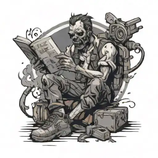 A tattoo design of a zombie apocalypse survivor reading a book on survival tactics, with anime-inspired weapons and gear scattered around tattoo design idea