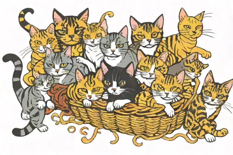 A new-school design of a basket overflowing with different types of cats in various poses tattoo design idea