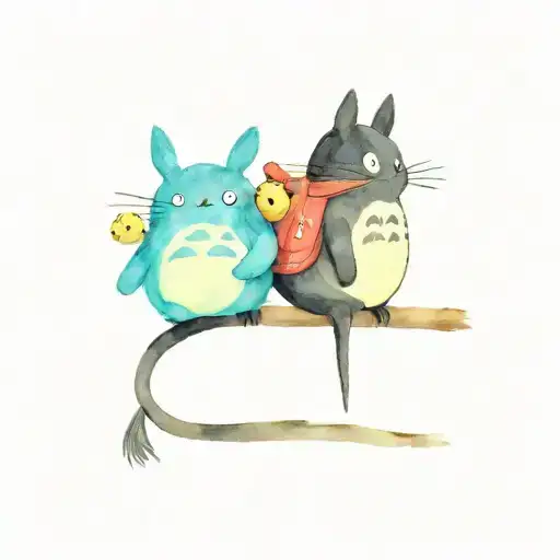 Jiji on Totoro's shoulder with kodama and soot sprites tattoo design idea