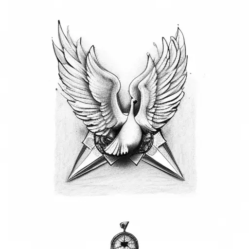 2 white doves, musical notes, a piano and a compass tattoo design idea