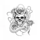 skull with snake and roses tattoo design idea