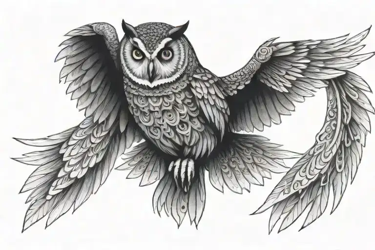 Mandala owl wings spread open symetric tattoo design idea