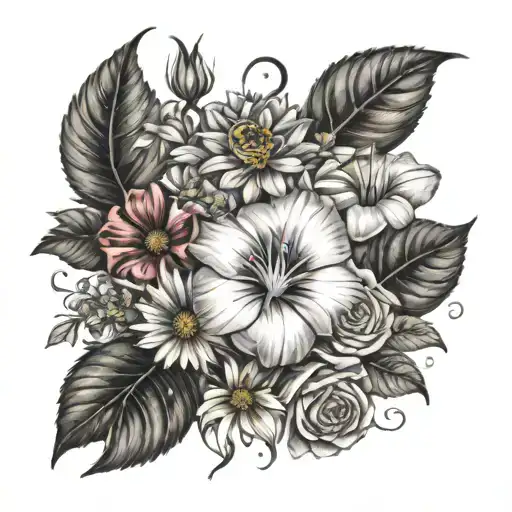 rose, morning glory, cosmos, honeysuckle, marigold, aster flowers tattoo design idea