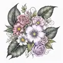 rose, morning glory, cosmos, honeysuckle, marigold, aster flowers tattoo design idea