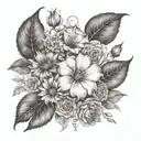rose, morning glory, cosmos, honeysuckle, marigold, aster flowers tattoo design idea