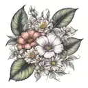 rose, morning glory, cosmos, honeysuckle, marigold, aster flowers tattoo design idea