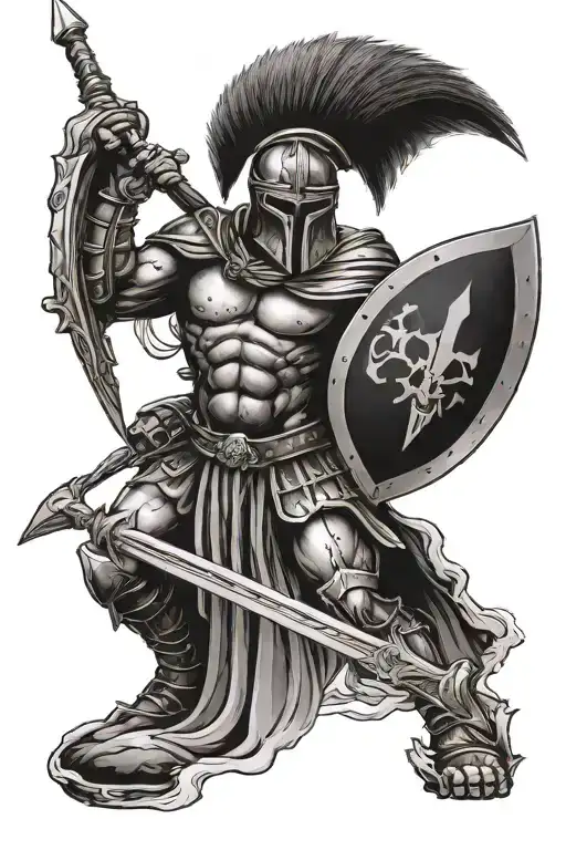 spartan with spear and shield + the sentence "memento mori tattoo design idea