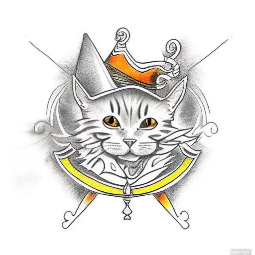 Design a traditional tattoo featuring an orange cat wearing the Sorting Hat from Harry Potter tattoo design idea