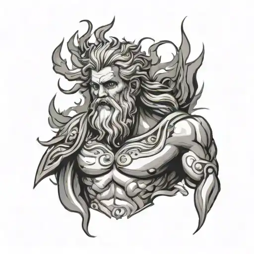 Design a tattoo featuring Zeus in a modern and abstract style, emphasizing his strength and leadership qualities tattoo design idea