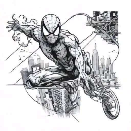 A black-grey tattoo of Spider-man swinging through a Tokyo skyline filled with cars tattoo design idea