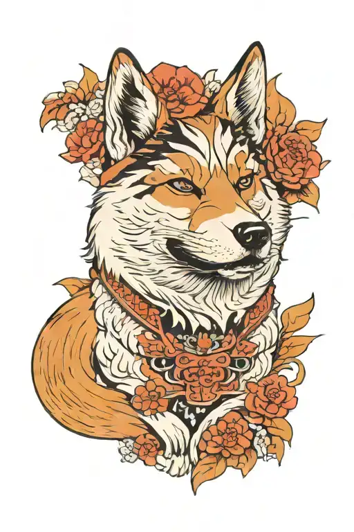 Image of an Akita dog head with a kitsune mask. Below the head is a kitsune mask. The dog's face is kind. tattoo design idea