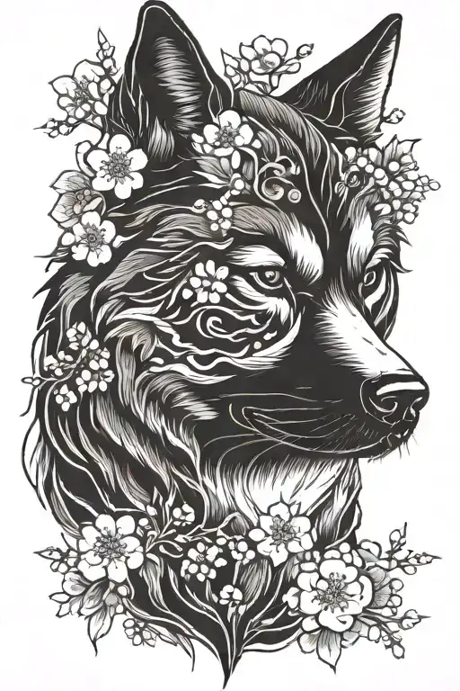 image of the head of an Akita dog with sakura elements. There is also a kitsune mask below the head. tattoo design idea