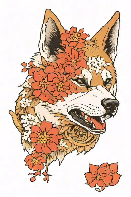 An image of an Akita dog's head with elements of sakura. Below the head is a kitsune mask. tattoo design idea