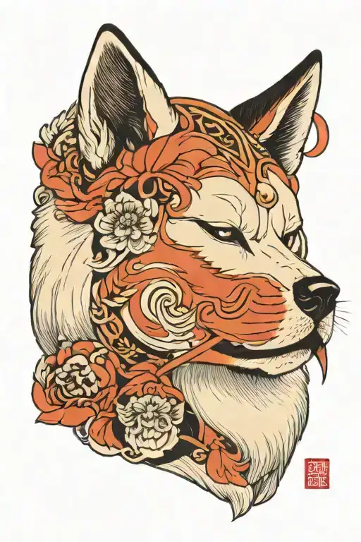 Image of an Akita dog head with a kitsune mask. Below the head is a kitsune mask. The dog's face is kind. tattoo design idea