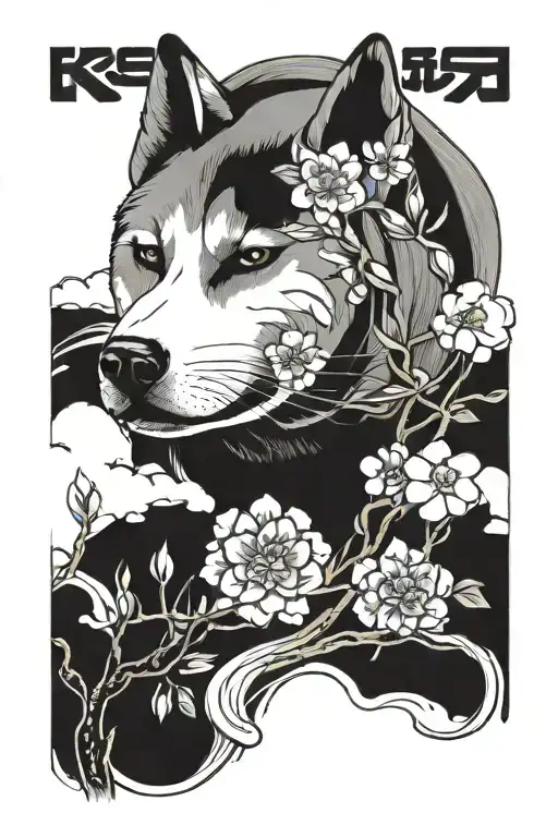 Image of Akita dog head with sakura elements. Below the head is a kitsune mask. The dog's muzzle is kind. tattoo design idea
