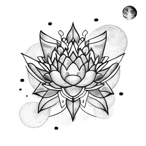 Lotus flower wrapping itself around a Cresent moon with a chain anchoring towards the stars tattoo design idea