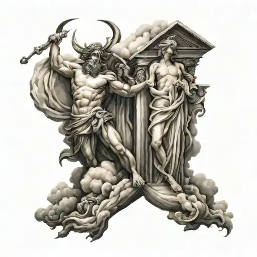 I want a Greek mythology leg sleeve tattoo which includes; Zeus, Lightening, Clouds, Poseidon, Perseus, Buildings tattoo design idea