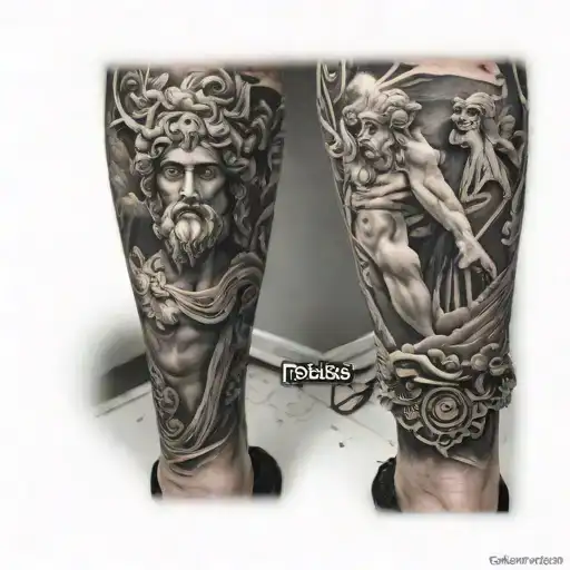 Greek mythology leg sleeve tattoo which includes; Zeus, Lightening, Clouds, Poseidon, Perseus, Buildings tattoo design idea