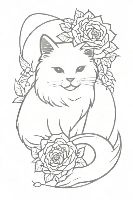 White fluffy cat with roses  tattoo design idea