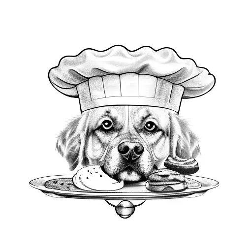 A black and grey tattoo of a dog wearing a chef's hat, holding a tray of freshly baked pastries tattoo design idea