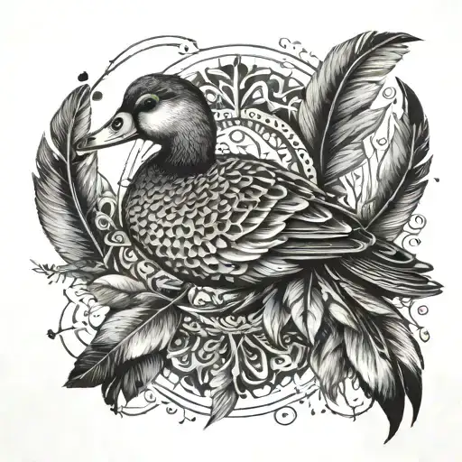 An intricate mandala design incorporating welding tools and feathers of a duck tattoo design idea
