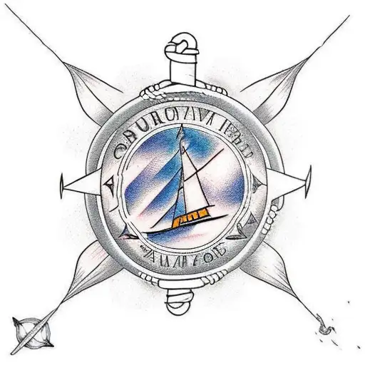 create a half sleeve tattoo with color including a ship, sparrows, water, anchor, compass, sunlight, rope tattoo design idea