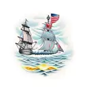 create a half sleeve tattoo with color including a ship, sparrows, water, anchor, compass, sunlight, rope tattoo design idea