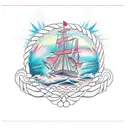 create a half sleeve tattoo with color including a ship, sparrows, water, anchor, compass, sunlight, rope tattoo design idea