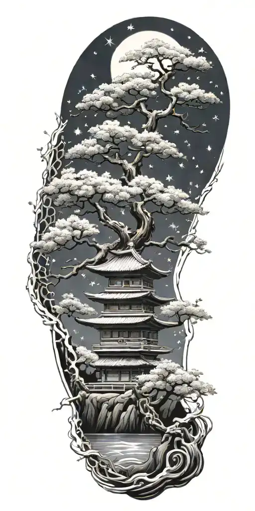 night with stars bonzai tree with three flowers roots flowing into black honey comb to wrist tattoo design idea