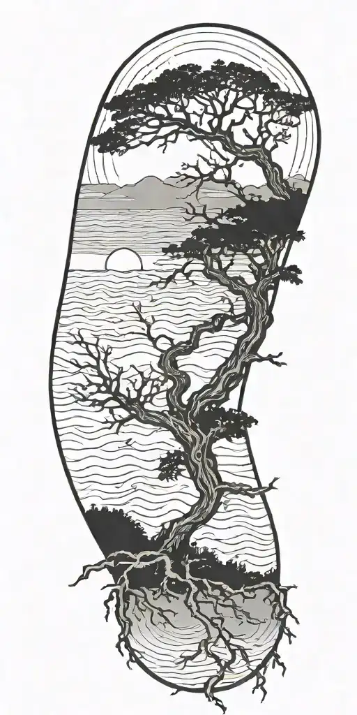 marsoc constellation over ocean at night with bonzai tree and roots flowing down to wrist tattoo design idea