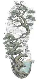 marsoc constellation over ocean at night with bonzai tree and roots flowing down to wrist tattoo design idea