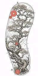 marsoc constellation over ocean at night with bonzai tree and roots flowing down to wrist tattoo design idea