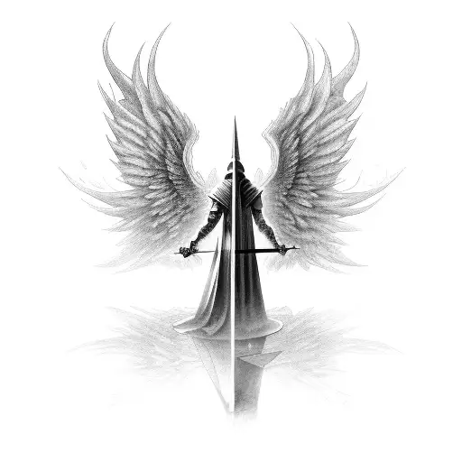 standing angel with a hood that covers the entire face and a sword that points downwards tattoo design idea